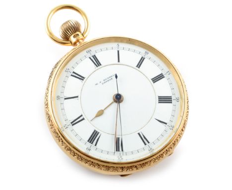 18ct gold pocket watch with stop watch function by M.J. Russell, London , white enamelled dial, Roman numerals to chapter rin