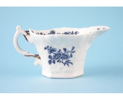 Worcester hexagonal cream boat circa 1760 the moulded body printed with the 'Early Cream boat Sprays' pattern in under glaze 