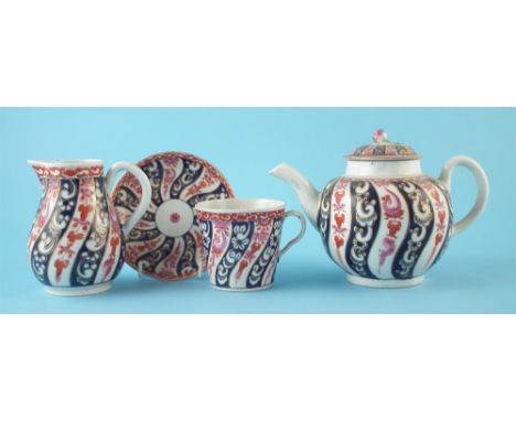 Worcester teapot, cream jug, saucer and coffee can circa 1770-1790 , painted with Queen Charlotte pattern, hatched square mar