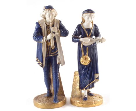 Pair of Royal Worcester figures of musicians, shapes H145 and H126, date codes for 1919/20, 31cm high For a condition report 