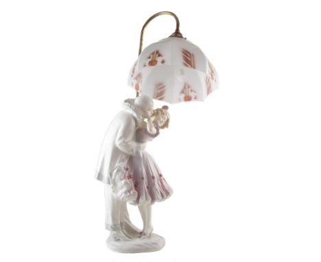 Schauer Vienna Faience Rudolf Podany design lamp, with glass shade, modelled as a Harlequin and Columbine, shape number 862, 