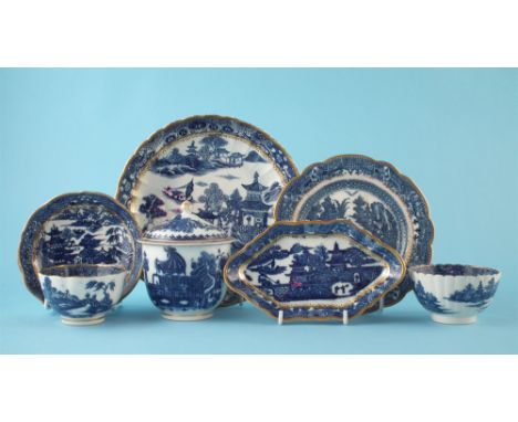 Collection of Caughley blue and gilt printed ware circa 1780-1790, printed with Temple, Pagoda, Full Nankin, and Pleasure Boa