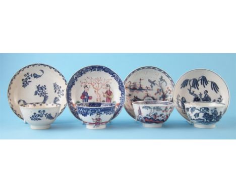 Four Liverpool Pennington tea bowls and saucers circa 1770 -1790, two with printed decoration of Chinese figures in landscape