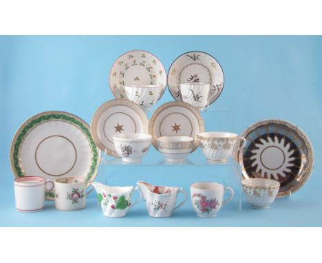 Collection of Coalport circa 1820, to include two low Chelsea ewers, two tea bowls and saucers, coffee cup and saucer, two sa