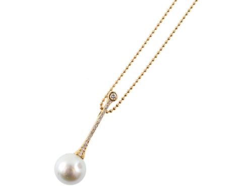 Pearl and diamond set 18ct yellow gold drop pendant , the grey-pink cultured pearl measuring approx. 13mm, set to 18ct yellow