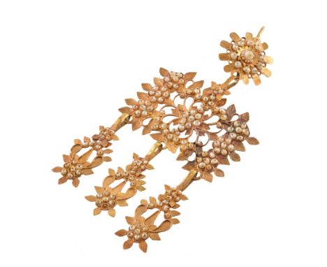 Asian style yellow gold and seed pearl pendant , floral scroll and leaf decorated pendant with triple drop comprising cluster