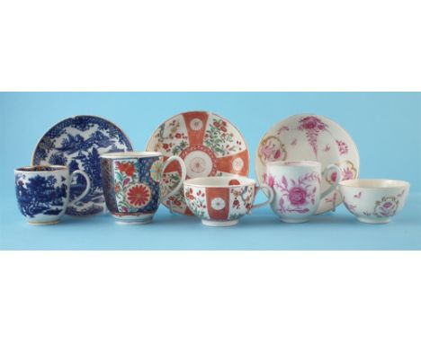 Two Worcester cups and saucers circa 1770-1780 one printed with The Argument pattern, with disguised numeral mark, another pa
