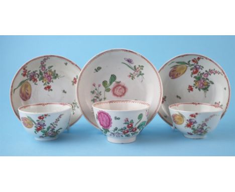 Three Liverpool Pennington tea bowls and saucers circa 1780 , painted with floral groups in polychrome enamels (6) Saucer dia