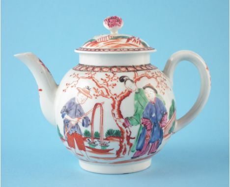 Worcester teapot circa 1770, painted with Chinese figures in polychrome enamels, (2) 12.5cm high For a condition report on th