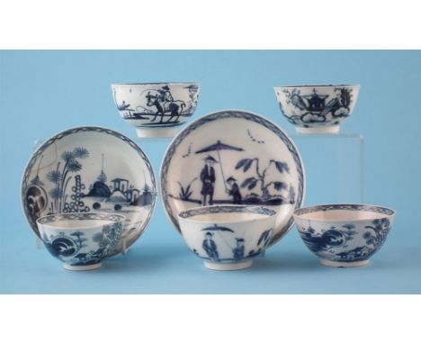 Two Liverpool James Pennington tea bowls and saucers circa 1767-1770 one painted with figures, the other with landscapes in u