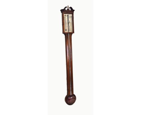 A 19th century mahogany stick barometer by A. Lera, Glasgow. The double swan neck pediment with vase finial tops a silvered f