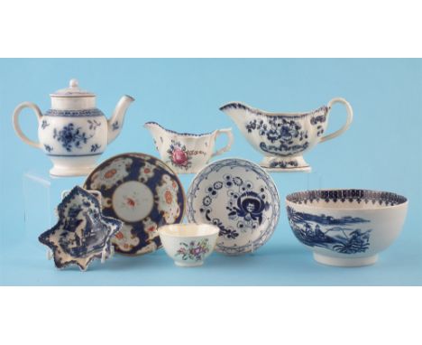 Collection of Pearlware circa 1780-1800, to include a feather moulded sauce boat, a saucer, low Chelsea ewer shape cream boat