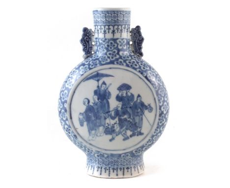 Chinese moon flask, with twin handles , painted with figures in under glaze blue, late 19th century 25cm high For a condition