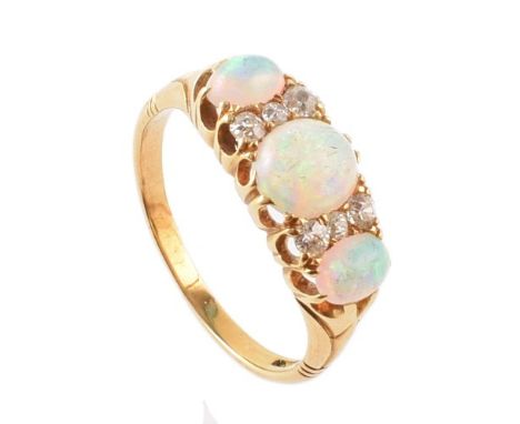 Opal 3-stone and diamond set boat head 18ct gold ring , 3 oval cabochon cut precious opals (centre opal approx. 7mm x 6mm), s