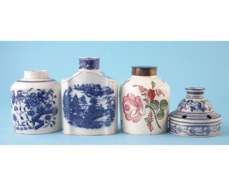 Pearlware inkwell circa 1800, painted with roses in under glaze blue also two pearlware tea caddies and a creamware tea caddy