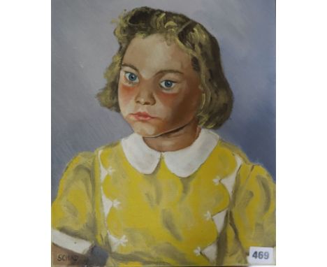 C. Schad, oil on canvas, Portrait of a girl in a yellow dress, signed, 40 x 30cm, unframed