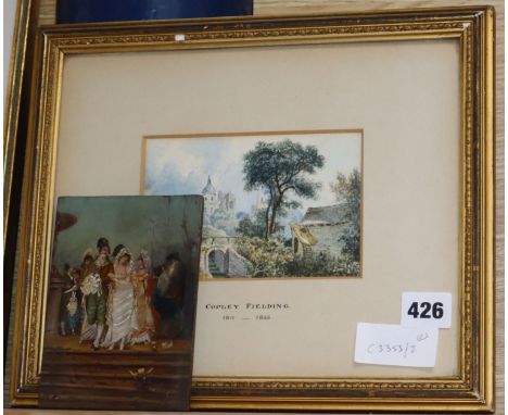 Circle of Copley Fielding, watercolour, Cattle beside a bridge and a small overpainted print sketch of Italian figures on a t