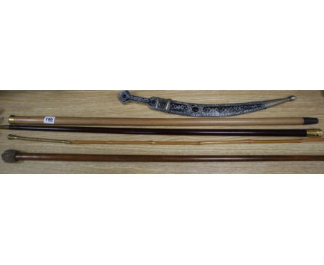 Two gold plate mounted walking canes, a bailiff's knocker walking cane and a gold plated riding crop