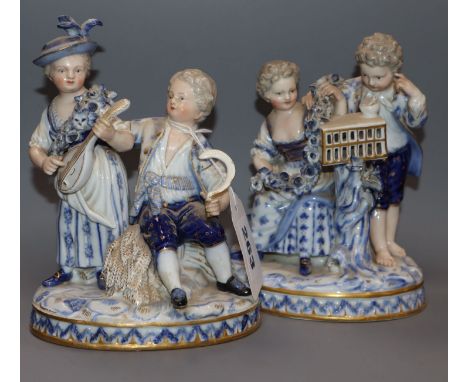 A pair of late Meissen porcelain figure groups of couples, one with sickle, lute and sheaf of corn, the other with birdcage (