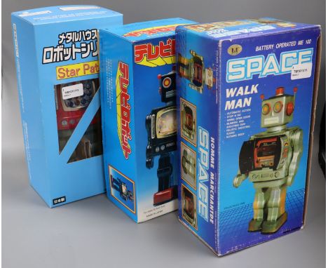Metal House, Japan, two tinplate battery-operated robots, 'Star Patrol' and 'Television Robot' and another collector's robot,
