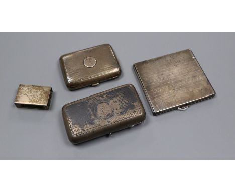 A Russian 84 zolotnik silver and niello cigarette case, Moscow, Assay Master BC 1872 and three other items of silver, two eng