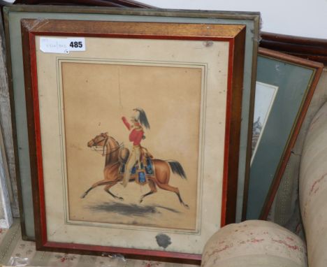 19th century English School, watercolour, Study of a cavalryman on horseback, 30 x 24cm, two similar studies and an Anne Wrig