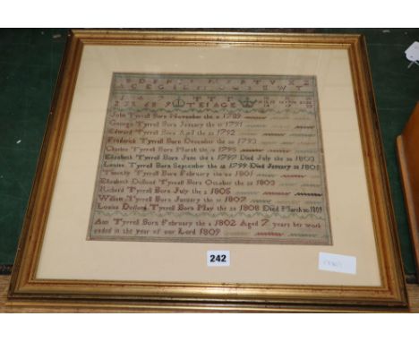 A George III family tree embroidered sampler, dated 1809