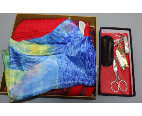 A Hermes cashmere printed (CWNY museum design) scarf, an Asprey gold pen knife etc. (6 items)