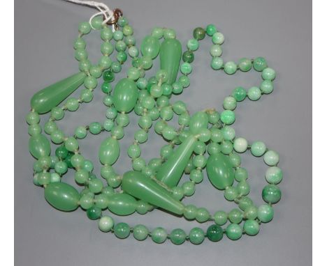A single strand graduated jade bead necklace with 9ct gold clasp and a green paste necklace.