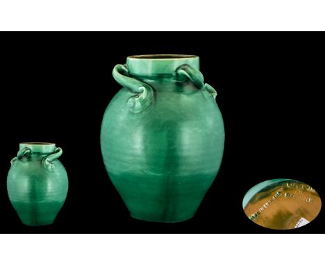 CH Brannam - Barnstaple Fine Art Studio Pottery Vase of Globular Form and Jade Green Colour way. Excellent Proportions / Form