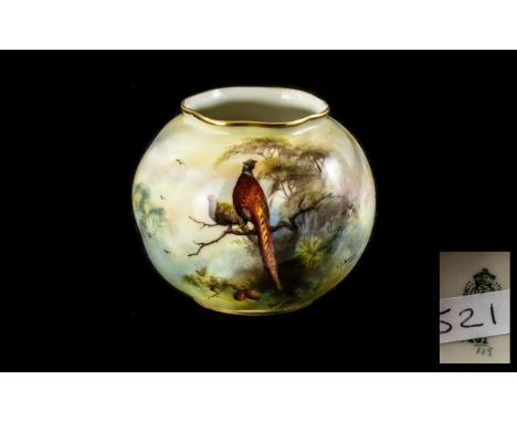 Royal Worcester Small Bulbous ' Pheasants ' Design Vase. Signed Brag. Full Stamps to Base. Approx 3.5 Inches High. Please See