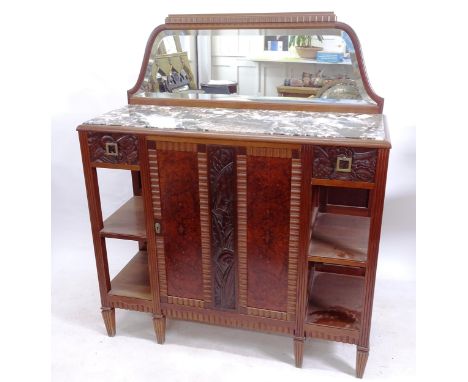 A French Art Deco buffet, with raised shaped mirrored back, marble top, 2 frieze drawers and carved panelled cupboard flanked