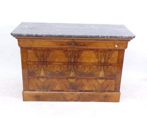 A 19th century Continental walnut commode, with a grey veined marble top, and 4 long drawers under, W130cm, H83cm, D57cm, wit