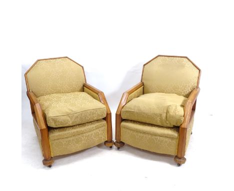 A 1930s French Art Deco geometric 3-piece suite, comprising of 2 armchairs and a 2-seater sofa, with solid mahogany arms and 