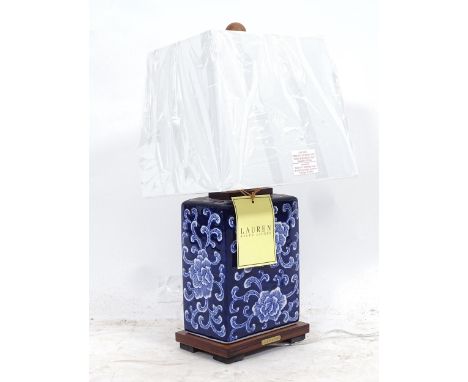 A new Ralph Lauren Home Chinese style blue and white ceramic table lamp and shade, no. 166764, height including shade 44cm 