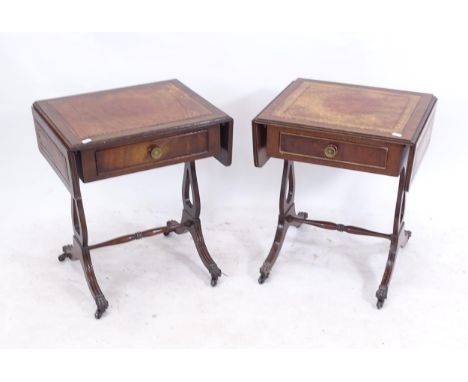 A pair of small reproduction mahogany sofa tables, with single frieze drawers 