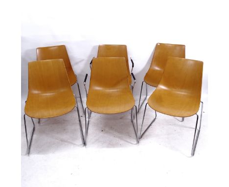 A set of 6 contemporary Allermuir Curve chairs, in moulded ply, with chrome sled base (2 armchairs and 4 side chairs - RRP £4