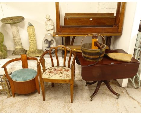 A 19th century mahogany drop leaf breakfast table, on sabre leg base, W84cm, 2 bow-arm chairs, 1 with padded rising seat, a c