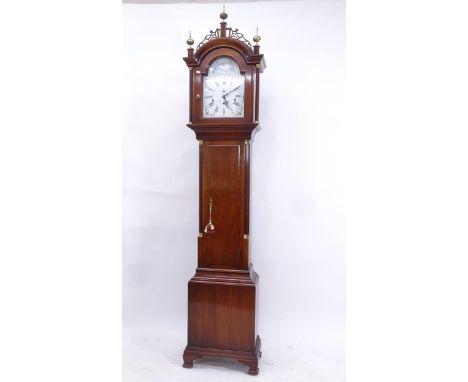 A reproduction longcase clock, with an 8-day arch-top moonphase dial, complete with pendulum and 3 weights, mahogany-cased, H