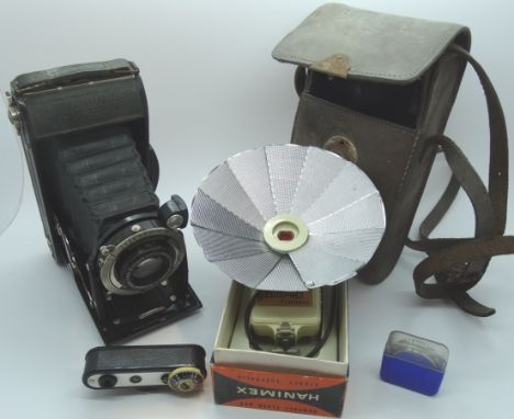 Voigtland folding camera 'bessa' + 2 lens, boxed Haminex flashgun, light metre  