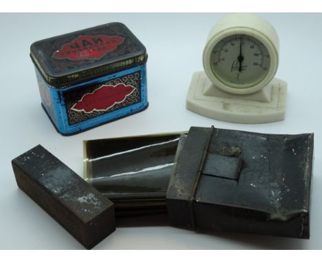 Rotherm white Bakelite table thermometer + tinned Russian tea + tin cased photograph negatives  