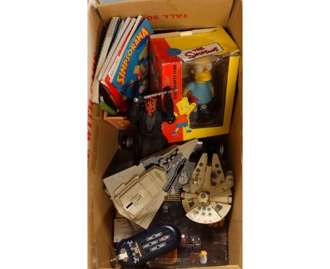 Box of Star Wars toys & Simpson alarm clock  