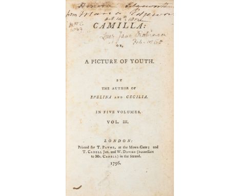 Burney (Frances) Camilla: Or a Picture of Youth, 5 vol., first edition, Maria Edgeworth's copy with an annotation and gift in