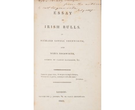 Edgeworth (Maria) Essay on Irish Bulls, first edition, family copy, signed presentation inscription from the author "Mary Sne