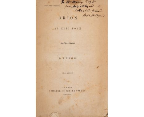 Horne (R. H.) Orion: an epic poem,&nbsp;third edition, previous owner's ink inscription to title, advertisements at end, spot
