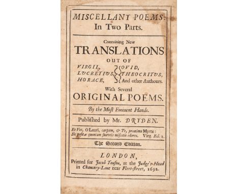 Dryden (John) Miscellany Poems, 2 parts in 1, second edition, tear to C2 margin, some damp-staining to margins, some browning