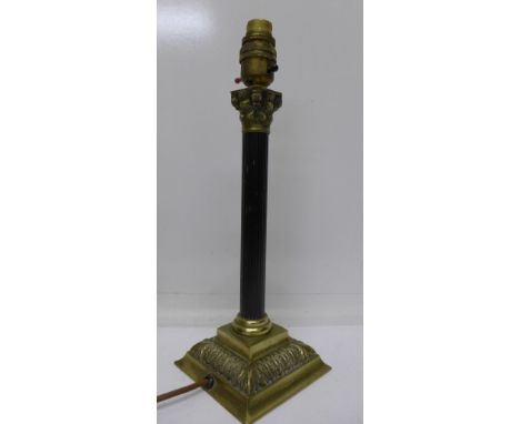 A Corinthian column brass table lamp base, 34cm