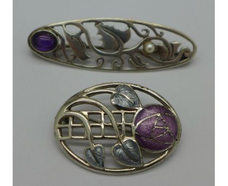 A silver and enamel Rennie Mackintosh style brooch and a silver, seed pearl and amethyst brooch
