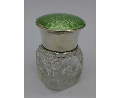 A silver and guilloche enamel topped glass bottle, Chester 1922