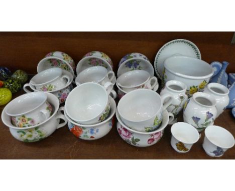 A collection of Portmeirion decorative china comprising three vases, a jardiniere, two large cups and saucers, thirteen chamb